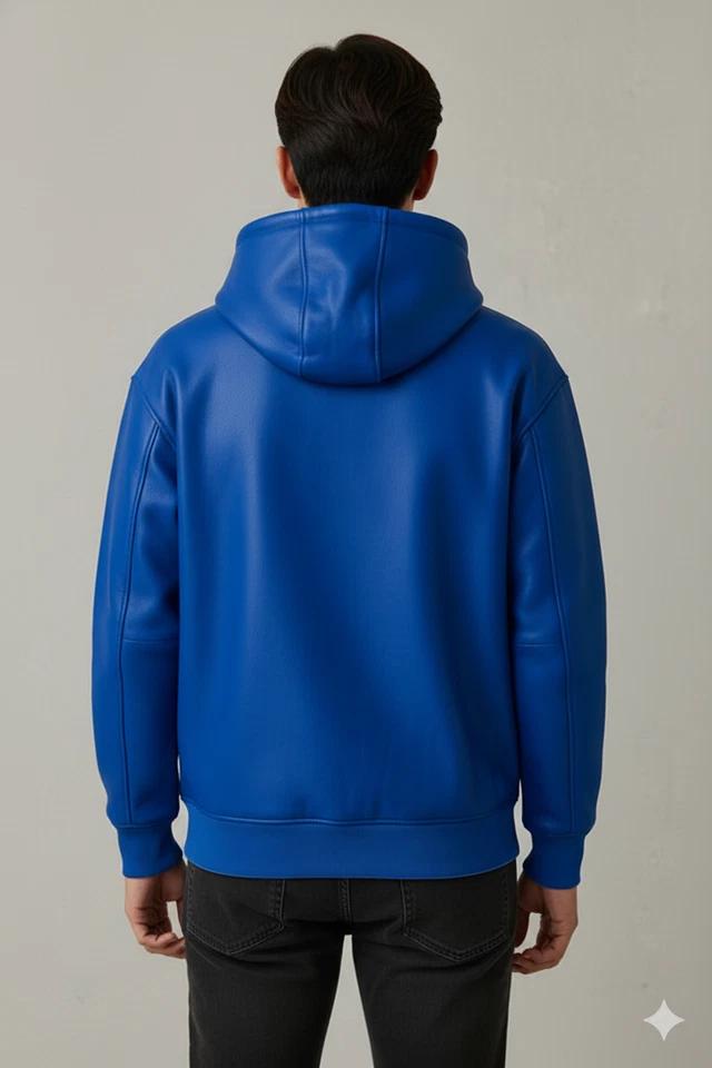 Handmade Classic Men's Blue Hoodie Jacket Genuine Lambskin Leather Party Biker