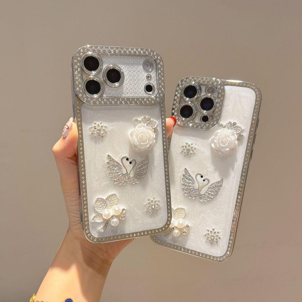 Electroplated Silver Rhinestone Swan iPhone Case for 13/14/15/16/17 Pro Max