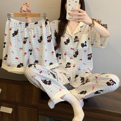 Cartoon Girl Small Fresh Cloud Cotton Pajamas Women'S Summer Short-Sleeved Three-Piece Set Black Cat Plaid Loungewear