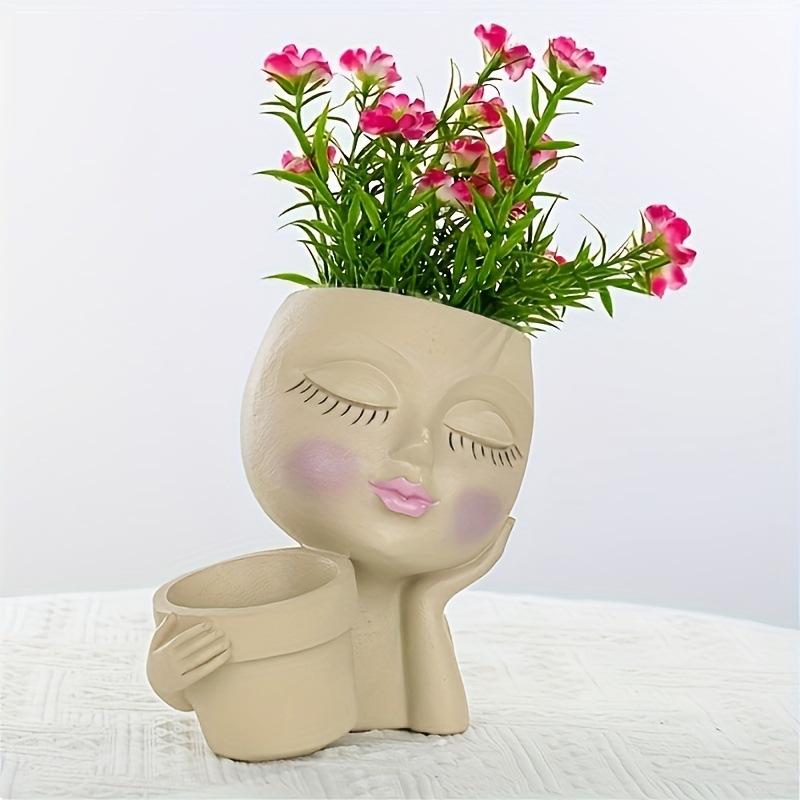 Girl Head Face Flowerpot White Resin DIY Figure Fleshiness Flower Pot with Leakage Hole Garden Pots & Planter Home Decoration