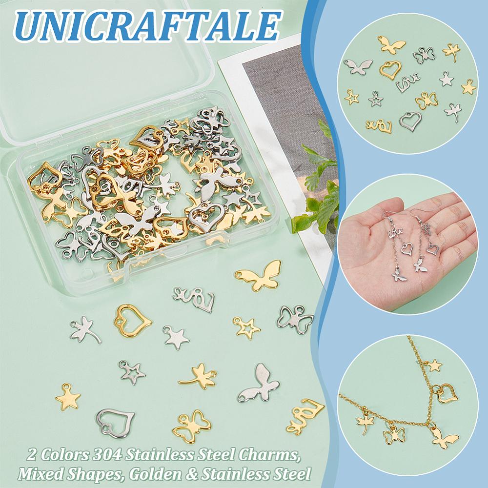 2 Colors 304 Stainless Steel Charms Mixed Shapes Golden & Stainless Steel Color 84pcs/box