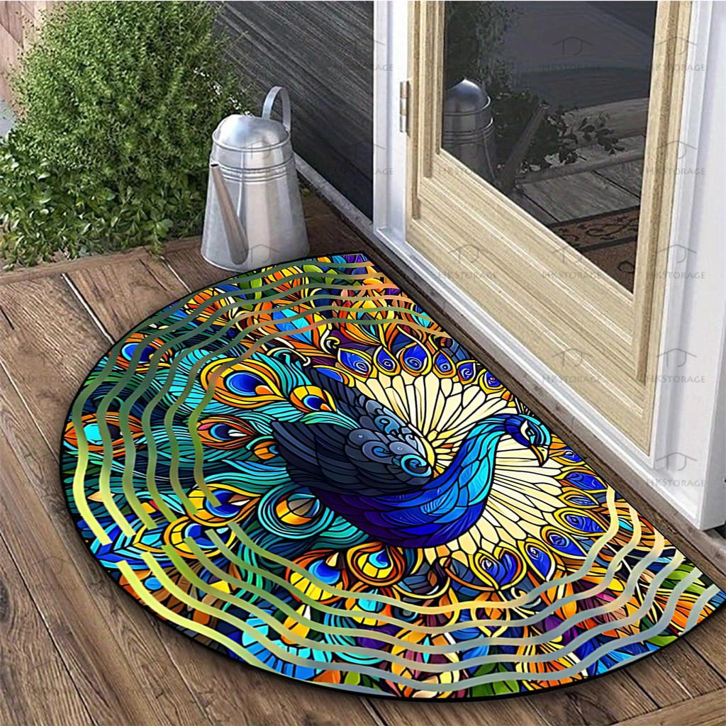 1Pcs Peacock Feather Design Pattern Durable Polyester Semi Circle Welcome Doormat Non-Slip for Outdoor Patio Porch Kitchen Bathroom Entryway Floor Mat