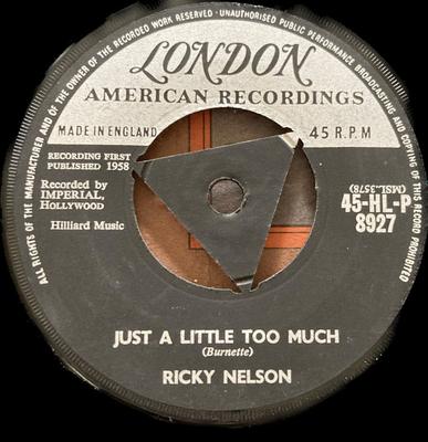 7-inch Plaat RICKY NELSON - Just A Little Too Much 45HLP8927 London Records, 1959 VK Rock Gebruikt
