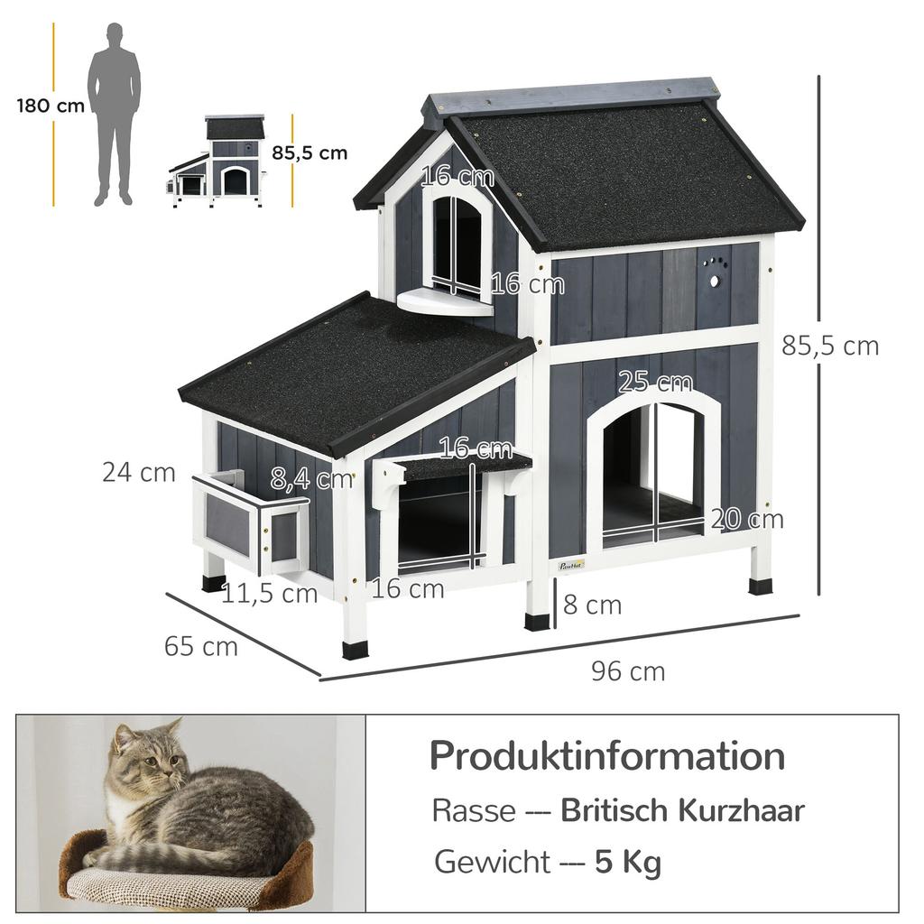 Wooden Cat House with Flower Pot, Windows, Multiple Entrances, Water-Resistant Roof for Outdoor - Grey