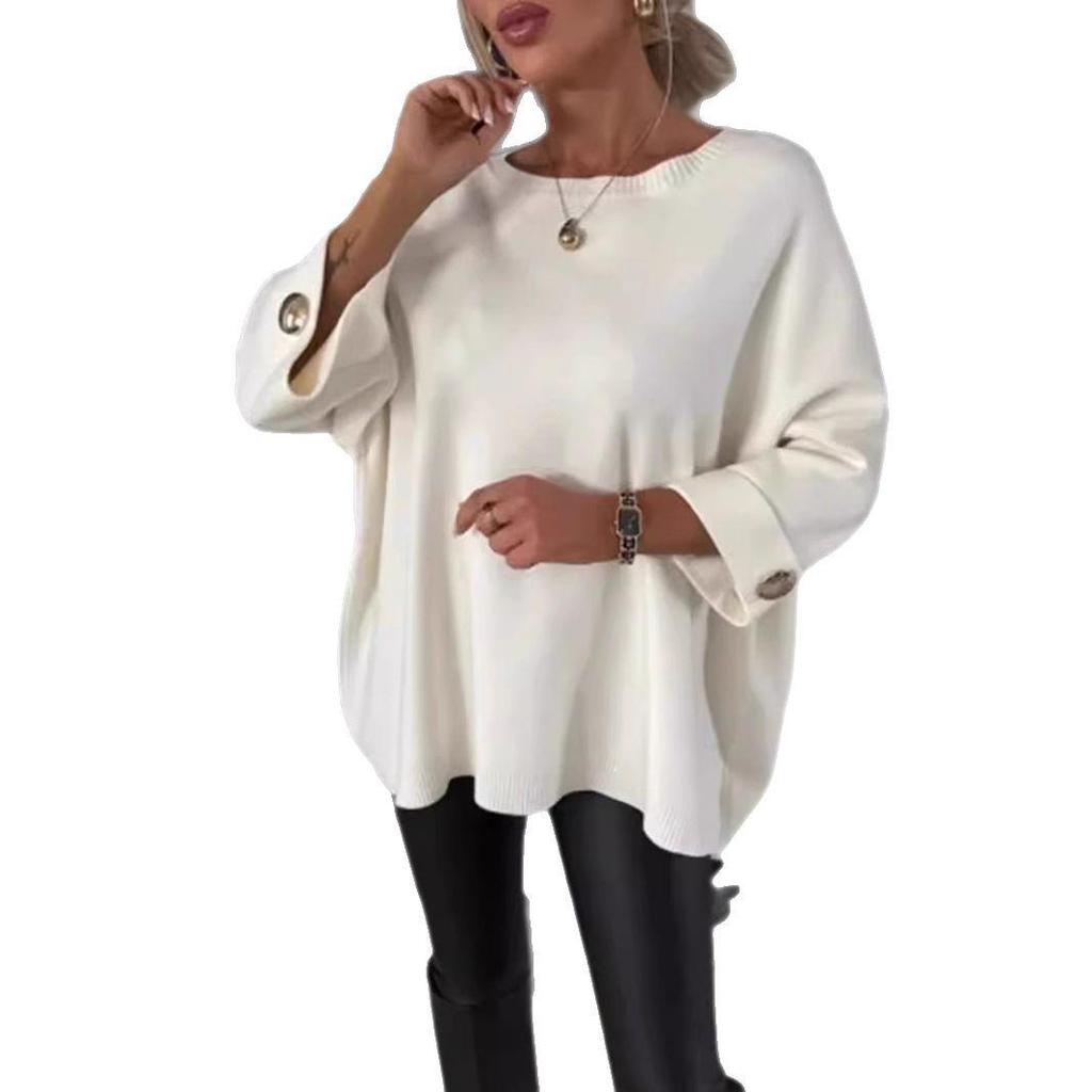 2024 Autumn Women's Solid Color Round Neck Mid-Sleeve Knitted Casual Top
