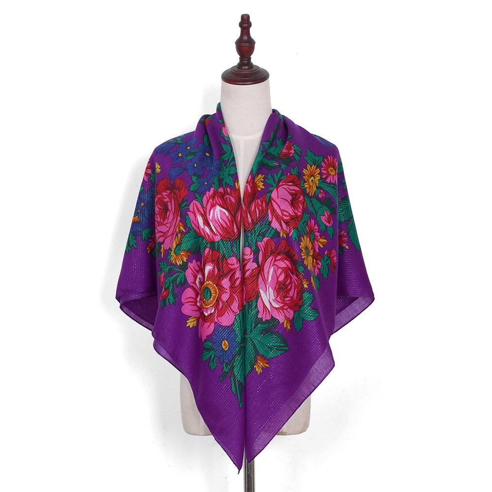 110*110Cm Golden Silvery Wire Russian Square Scarf Women Luxury Floral Print Handkerchief Ethnic Shawl Babushka Bandana Scarves