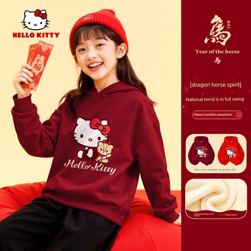 Hellokitty Girls  New Year Outfit 2026 New Style Fleece-Lined Thickened Hooded Year of the Horse Festive Zodiac Year New Year Outfit Ti Partner Wine Red 150
