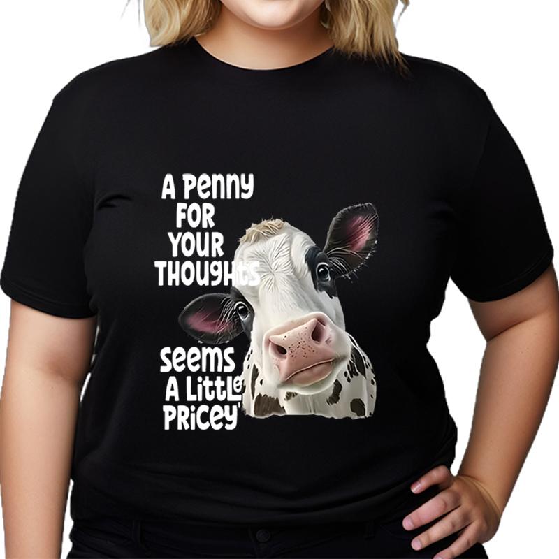 

Забавная футболка с надписью «Cow Penny Thoughts Saying» большого размера, женские футболки с изображением коровы, футболки с круглым вырезом, большие топы 3XL чёрный