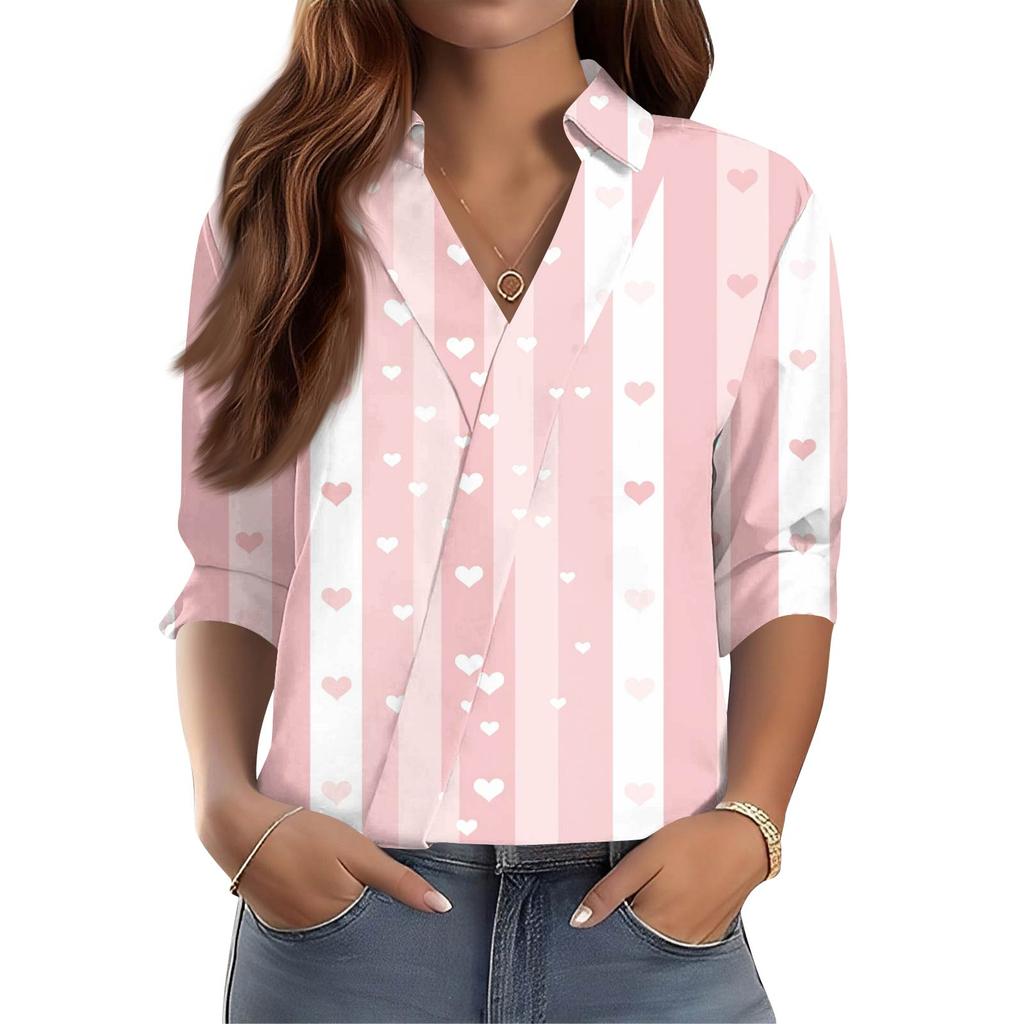 Camisa Feminina Manga 3/4 Decote V Estampada Roupa de Trabalho Casual Regular Colarinho