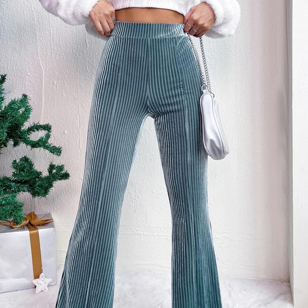 New High-Waisted Corduroy Bell Bottom Pants, Solid Color Casual Wide-Leg Sweatpants for Women