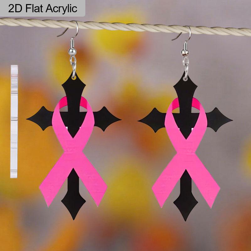 2D Flache Rosa Schleife Kreuz Klarheit Hängeohrringe Damen Brustkrebs Bewusstseins-Ohrringe Damenschmuck
