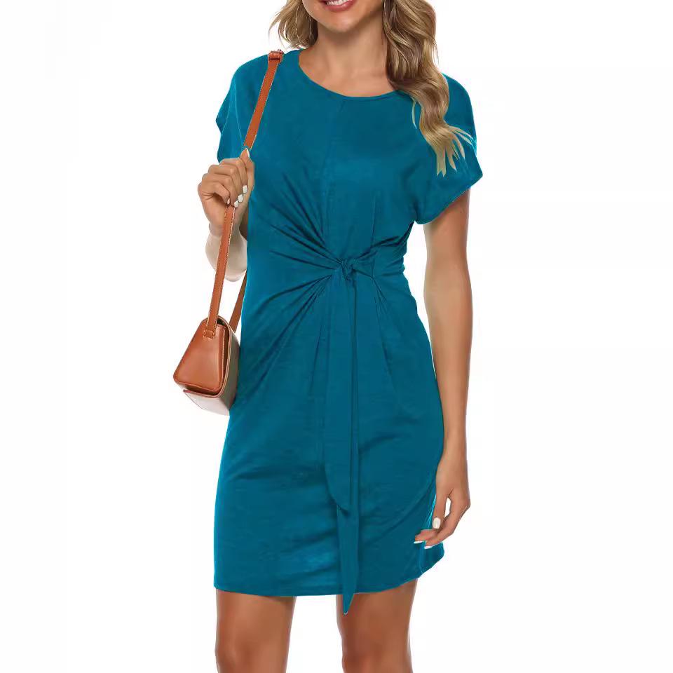 2025 Loose Fit Lace-Up Round Neck Short Sleeve Dress