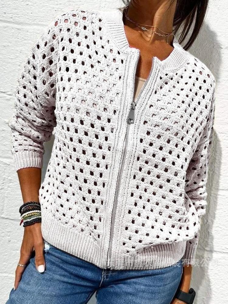 Women's Black Mesh Knit Cardigan with Zipper and Lace-Up Sleeve Detailing