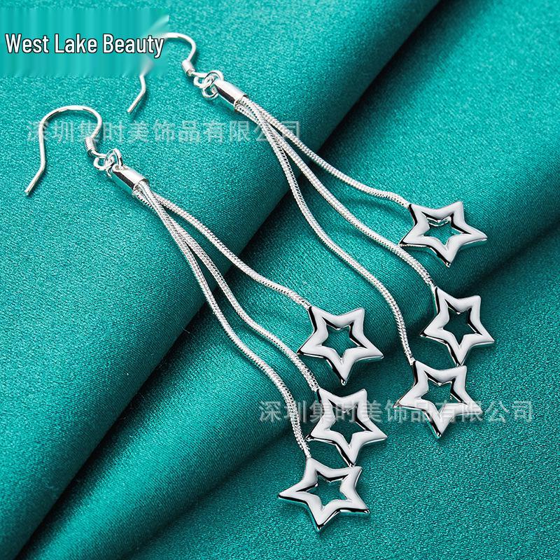 Star Filigree Silver Long Earrings for Women by West Lake Beauty