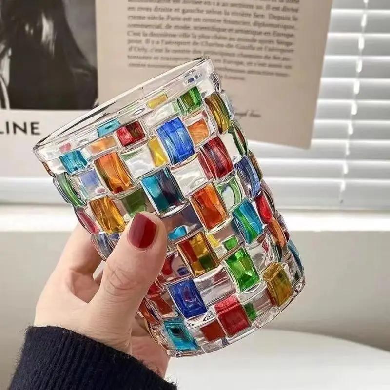 Clasic 1 buc. Sticlă în carouri multicoloră Căni de cafea, căni de ceai, cești cu suc, whisky, pahar de vin, băuturi amuzante, cadou de cuplu