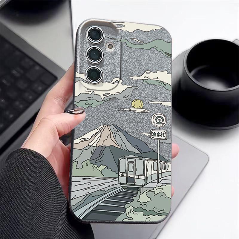 Cartoon Mountain Print Leather Texture Case For Samsung S25 Ultra S24 FE S23 S22 A36 A56 A16 A55 A26 A15 Matte Slim Shockproof TPU Soft Phone Cover
