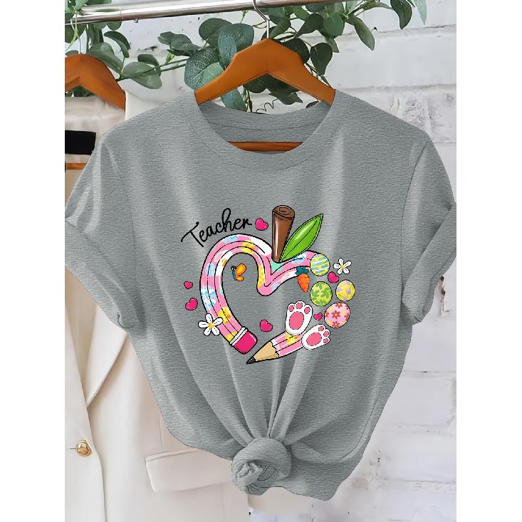 Women's Teacher Heart-shaped pencil short sleeve shirt One-piece Easter outfit T Shirt Teacher's Outfit for Holiday Outings 2026 New Spring and