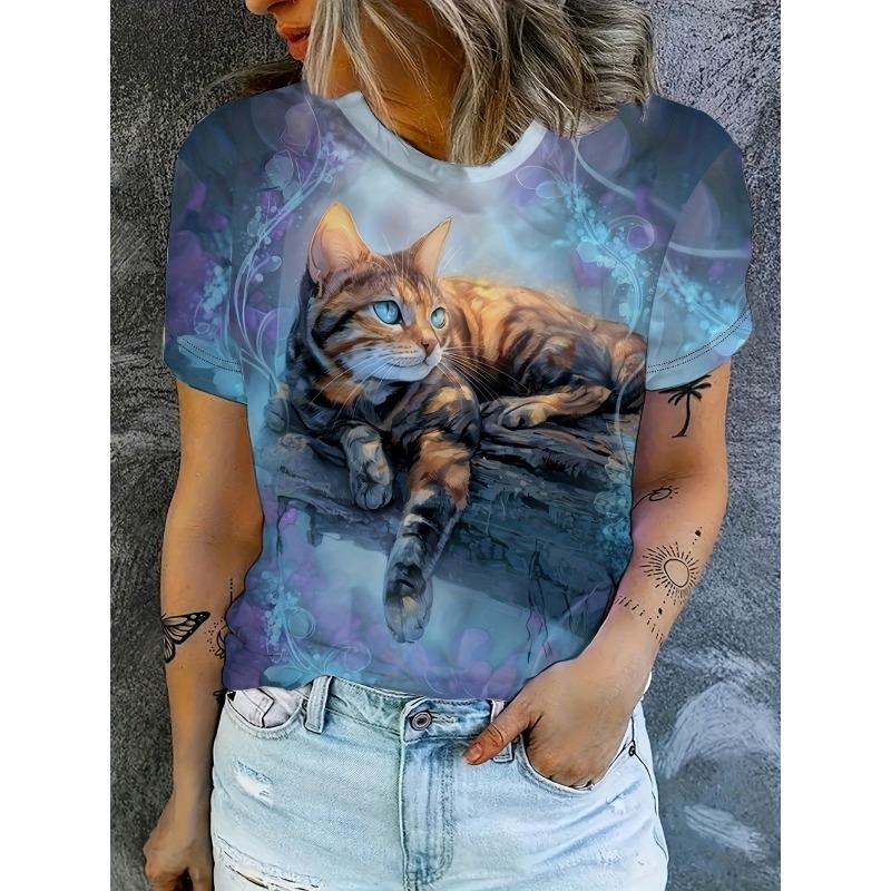 Funny Women's Cat Graphics T-Shirt Cute 3D Print Tees Fashion Tops Short Sleeves O-Neck T-Shirts Street Summer Woman Clothing