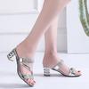 Fashion Summer New Rhinestone Mid Heel Womens Sandals Fashionable And Versatile Open Toed One-Piece Slippers High Heels Large Size 35-43