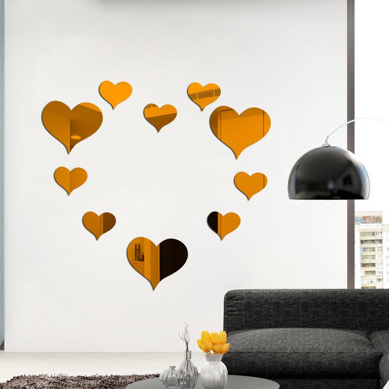 10pcs Love Hearts Mirror Wall Sticker Durable DIY Simple Wall Stickers Decal Removable Paster for Living Room Art Home Decor