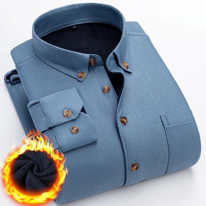 Winter Herren Warmes Hemd Cord Mittleren Alters und Ältere Langärmlig Einfarbig Mode Verdickt Plus Samt Freizeithemd