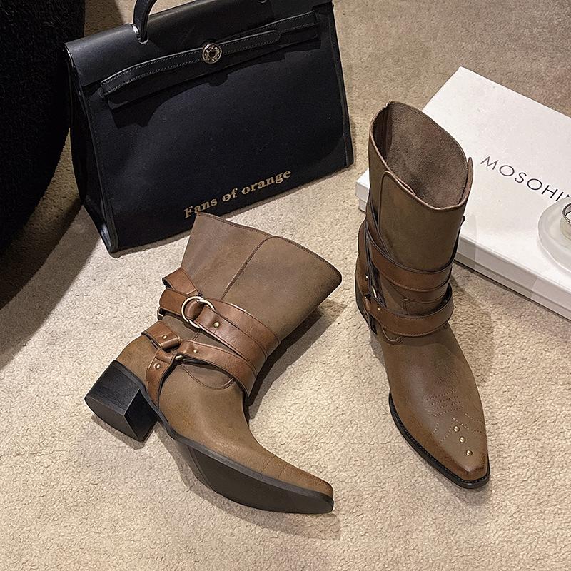 

Винтажная нишевая пряжка для ремня ботинки Мартин заостренный рукав удобные ботинки на толстом каблуке 2025 осень и зима стройные широкие голенища западный 42 коричневый