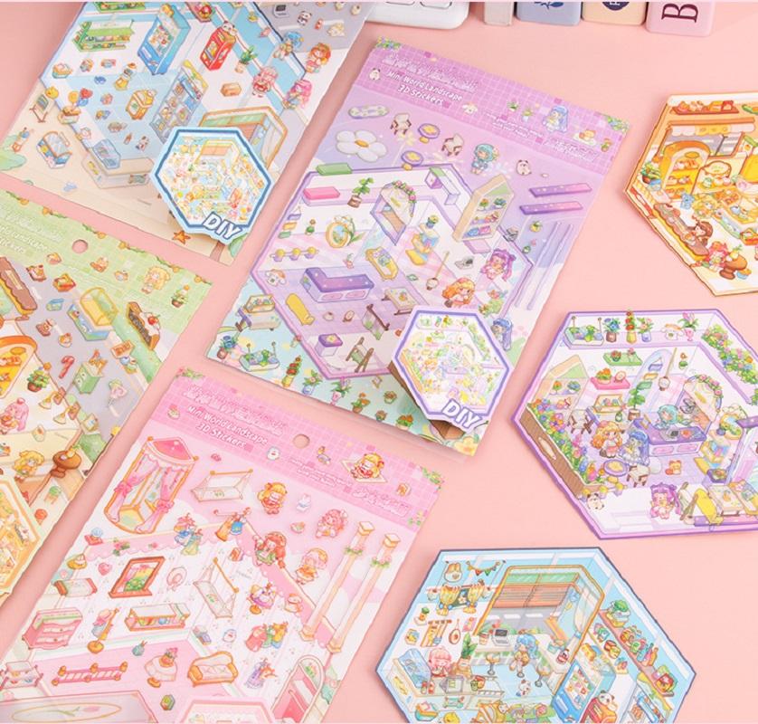 DIY Cute Cartoon Mini World Landscape Sticker Pocket 3D Cabin Scene Stacking Pasting Christmas Birthday Gift for