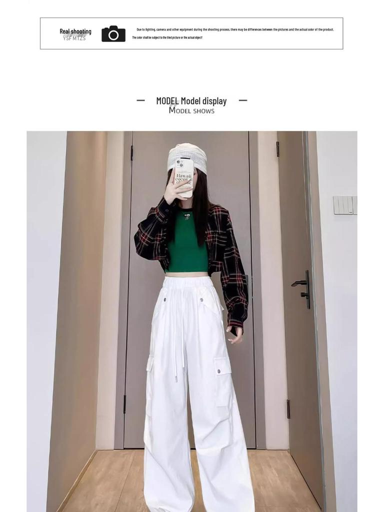 Women's High-Waist Apricot Cargo Pants - Petite Wide-Leg, Spring/Autumn, Casual American Sports Style.
