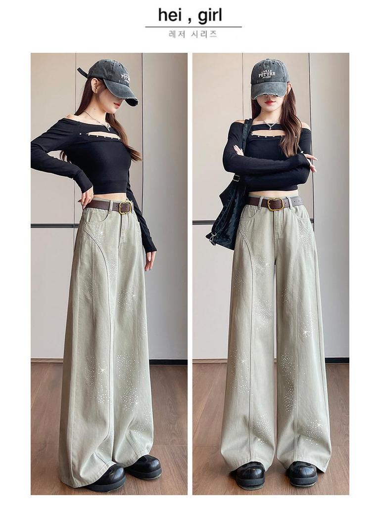 Women's Retro Fireworks Rhinestone Denim Jeans: Stylish Wide-Leg, Floor-Length Pants