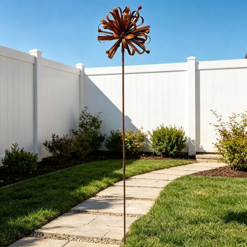 Iron Dahlia Garden Stake For Year Round Display Outdoor Yard Patios Lawn Decoration With Natural Patina Finish Height 70Cm