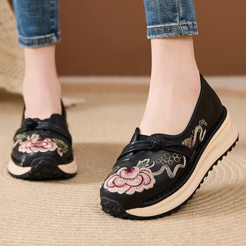 Fashion GKTINOO Platform Sneakers Women Genuine Leather Shoe Embroidered Round Toe Lace-Up Thick Sole Flats Ladies Shoes Handmade