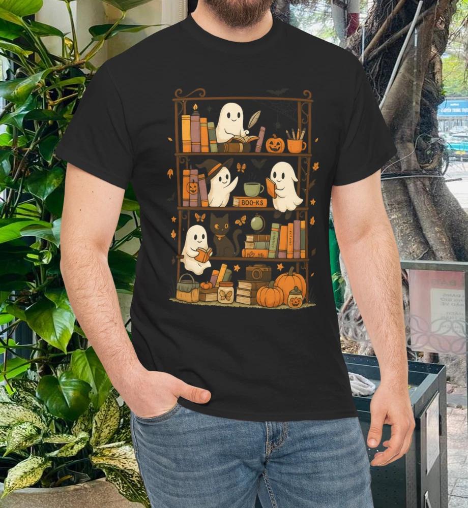 Retro Halloween Bookshelf Ghost And Cat Bookshelf Book Lover TShirt S