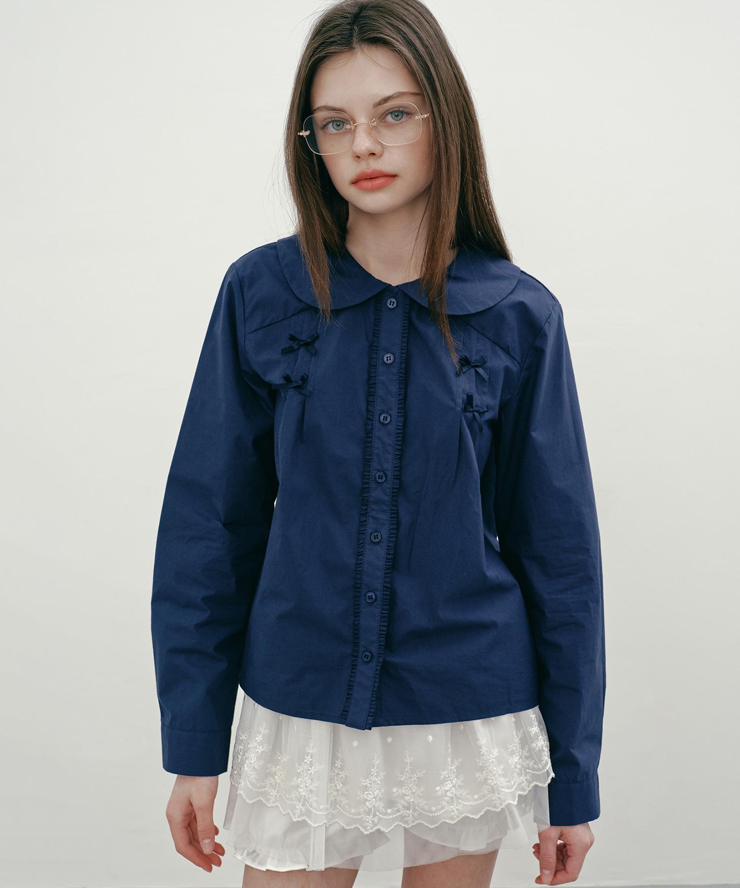 Margarine Fingers Ribbon Pintuck Blouse (Navy)