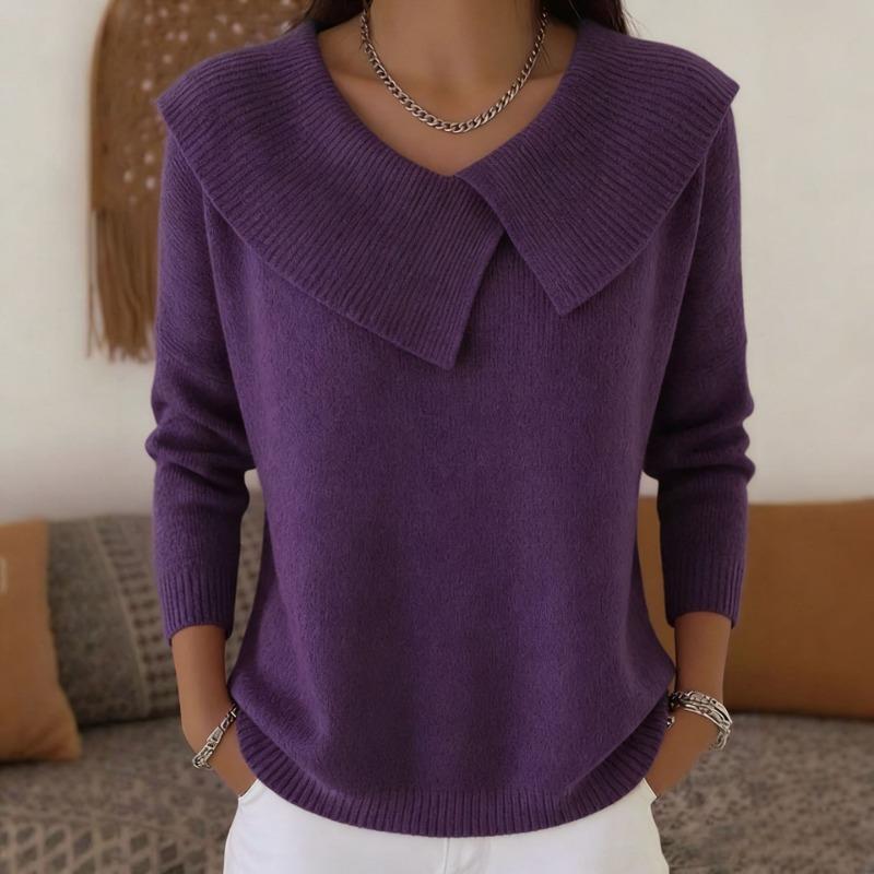 Fall Winter Asymmetrical Collar Knit Sweater Long Sleeve Casual Pullover Top