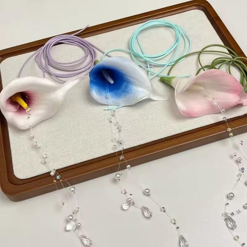 New Colourful Calla Lily Beaded Pendant Tie Necklace INS French Vintage Elegant Flower Jewellery for Women Birthday Gift