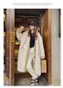 Beige Hooded Lambswool Mid-Length Coat: Thick Korean Style, Loose Fit, Plush Outerwear for Autumn/Winter.