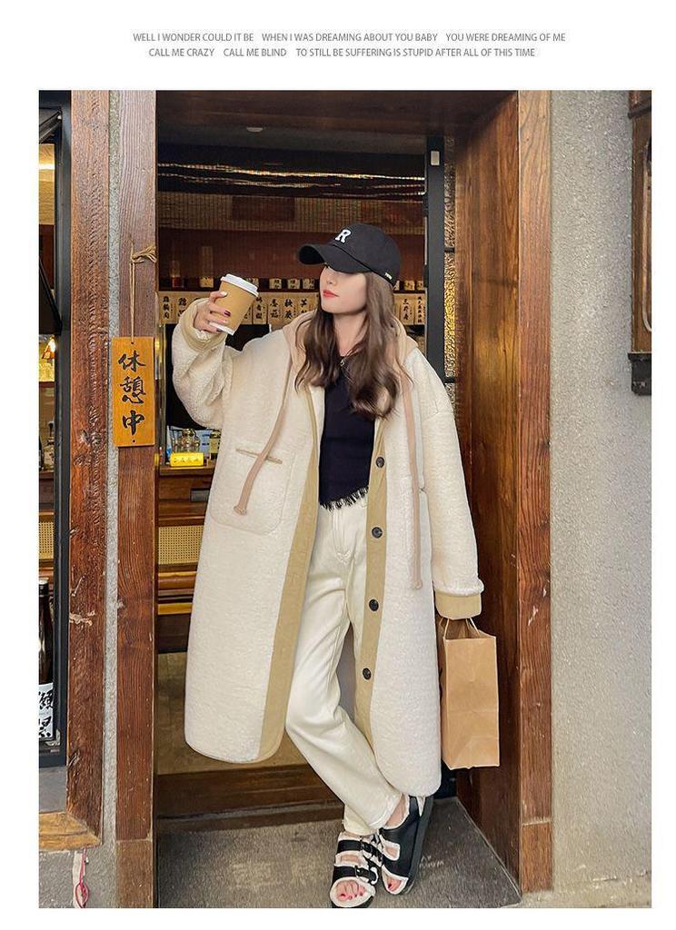 Beige Hooded Lambswool Mid-Length Coat: Thick Korean Style, Loose Fit, Plush Outerwear for Autumn/Winter.