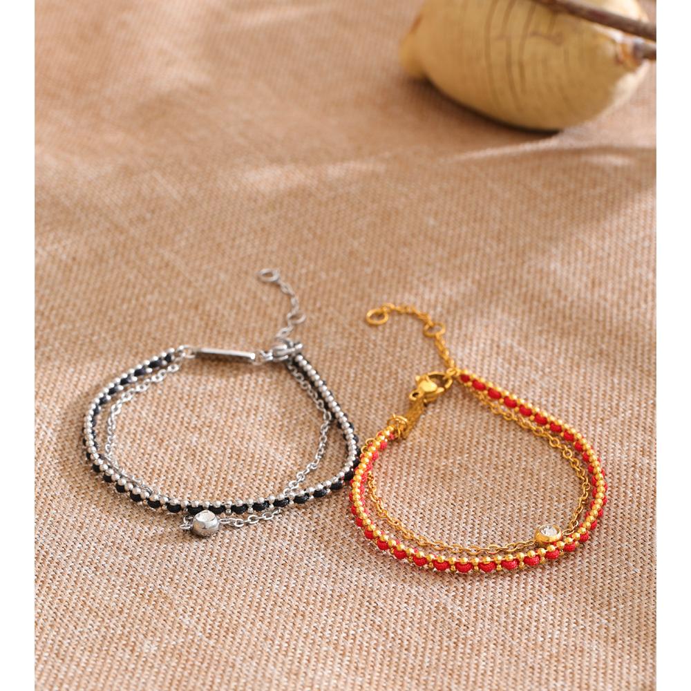 Eetit  Red Black Rope Weave Layered Chain Zirconia Stacking Bracelet Bangle for Women Stainless Steel Trending Wrist Jewelry Gift