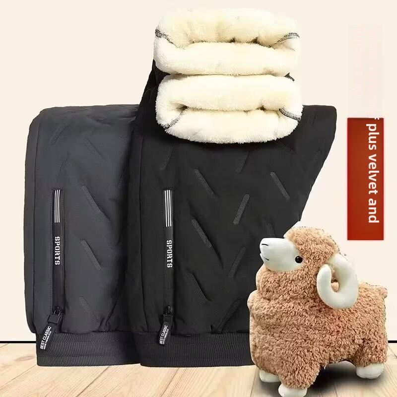 Pánské zimní voděodolné zateplené tepláky z jehněčí kůže - Hřejivé plyšové, odolné proti chladu, ležérní bavlněné kalhoty, módní velká velikost.