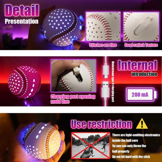 Leuchtender Baseball, bunte LED-Leuchten, 6 Farben, 2 glänzende Formen, Kunstleder, perfektes Gewicht, wiederaufladbar, Übungs-Baseball, Kinderspielzeug