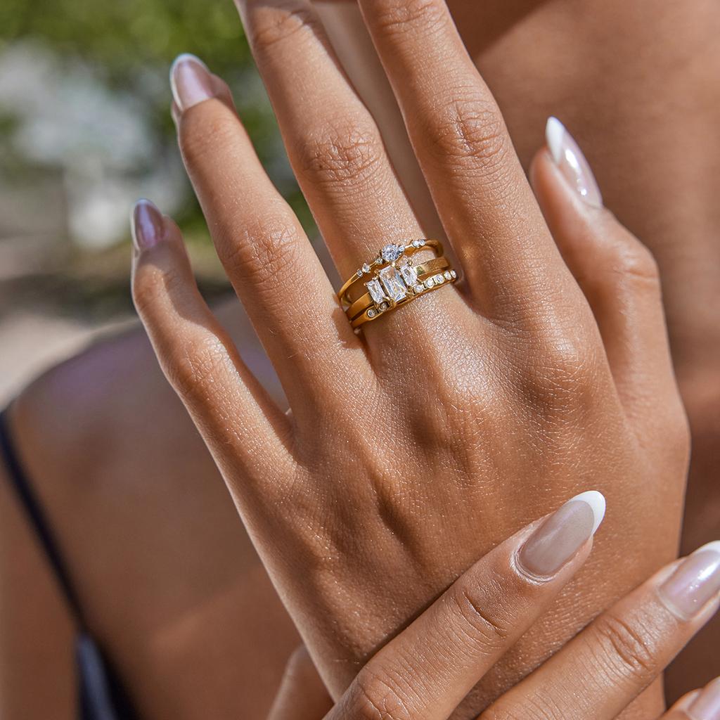 Youthway Minimalist Square Zirconia Ring Stainless Steel 18K Gold Color Stackable Band Women's Rings for Wedding Party Gifts