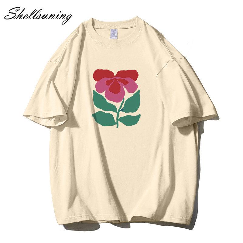 Shellsuning Krásné Květiny Tištěné Tričko pro Ženy Letní Nadměrné Ležérní O-výstřih Jednoduché Univerzální Dívčí Trička Základní Harajuku Pár Topy