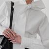 Womens Loose Fit White Shirt With Tie Neck Flowing Collar Casual Office Wear Cotton Blend Long Sleeve Top