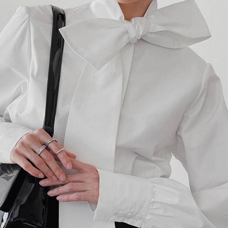 Womens Loose Fit White Shirt With Tie Neck Flowing Collar Casual Office Wear Cotton Blend Long Sleeve Top
