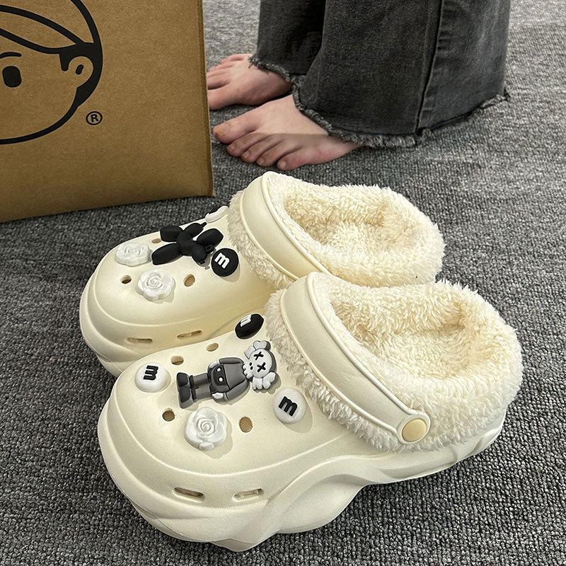 New velvet hole shoes women's winter non-slip outer wear cotton shoes heightened thick-soled home removable cotton slippers