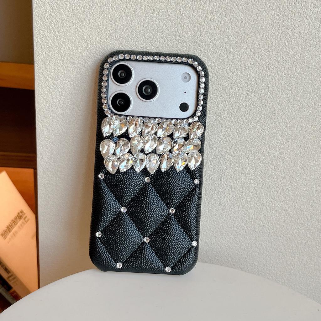 Fashion 3D Grid Glitter Diamond PU Leather Hard PC Phone Case for iPhone Air 16 15 14 13 17 Pro Max Bling Rhinestone Girly Cover