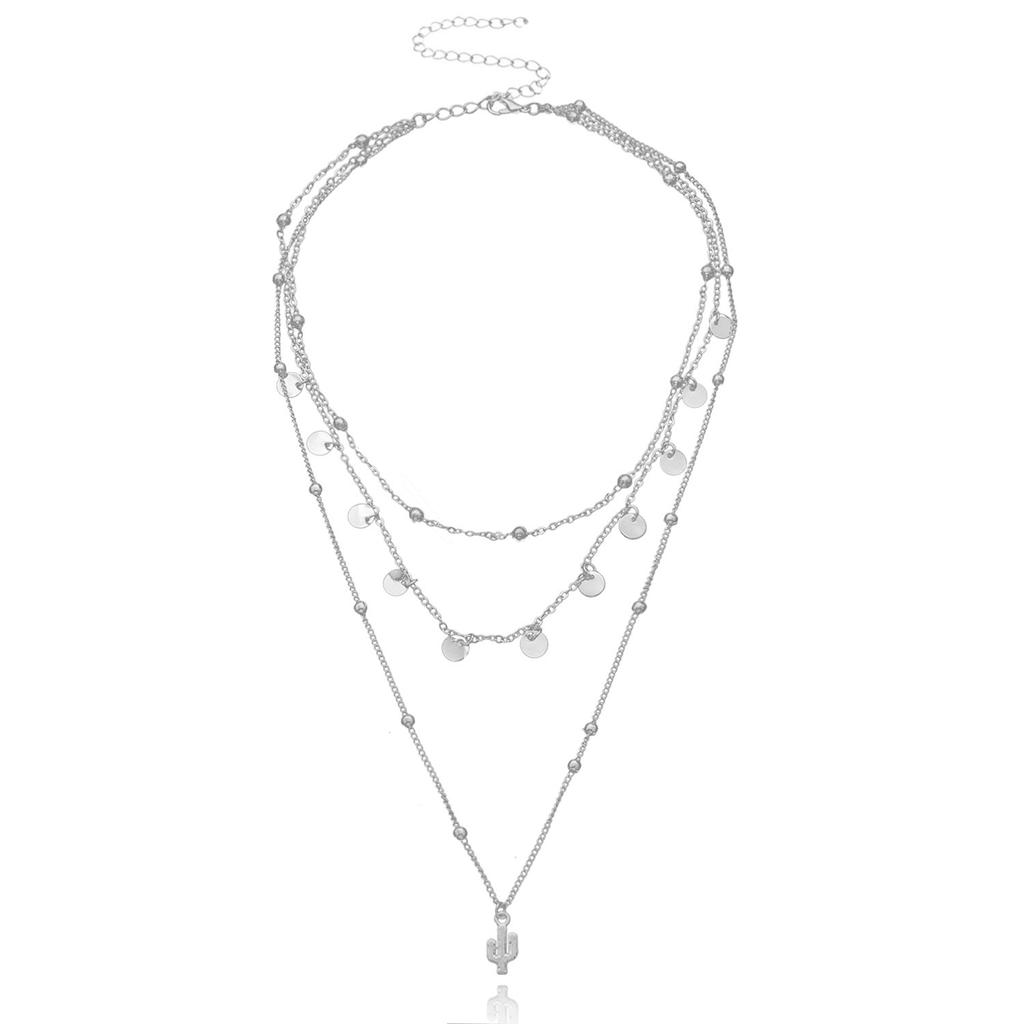 Alloy Disc Cactus Pendant Necklace, Simple Round Bead Chain Multi-layer Item Decoration