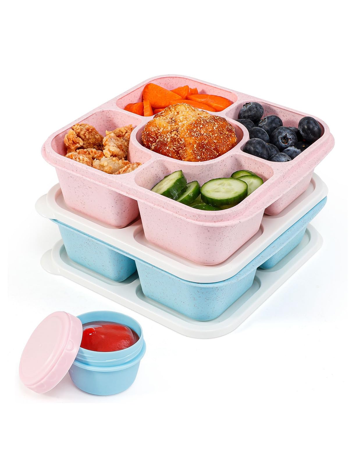 Original Lunchable Snack Containers - 5 Compartments Bento Snack Boxes with 1 Leakproof Small Containers, Wheat Straw, BPA-Free, Set of 2