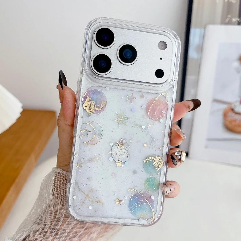 Transparent Glitter Gradient Planet Star Case For iPhone 17 Air 16 15 14 13 12 11 Pro Max Plus Shockproof Shiny Moon Clear Cover