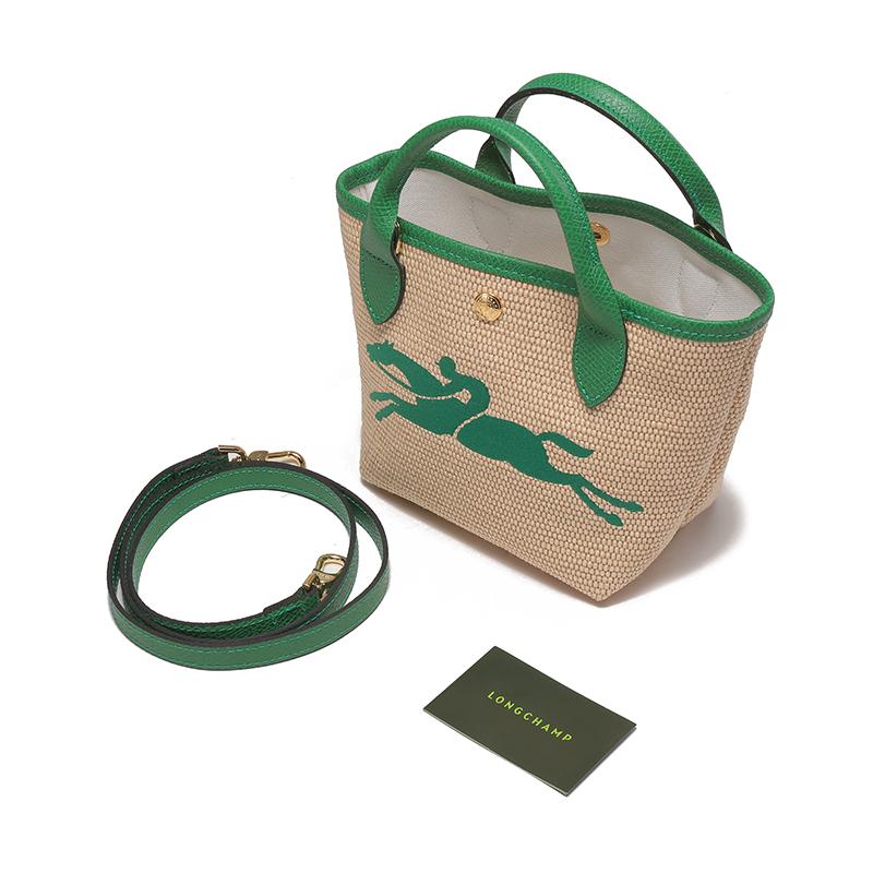 Longchamp Le Pliage Paris 15 Logo Brodé Bloc de Couleur Paille Mélange Lin Cuir Sac Bandoulière Dumpling Mini Sacs Femmes Kaki Vert 10162HYT129